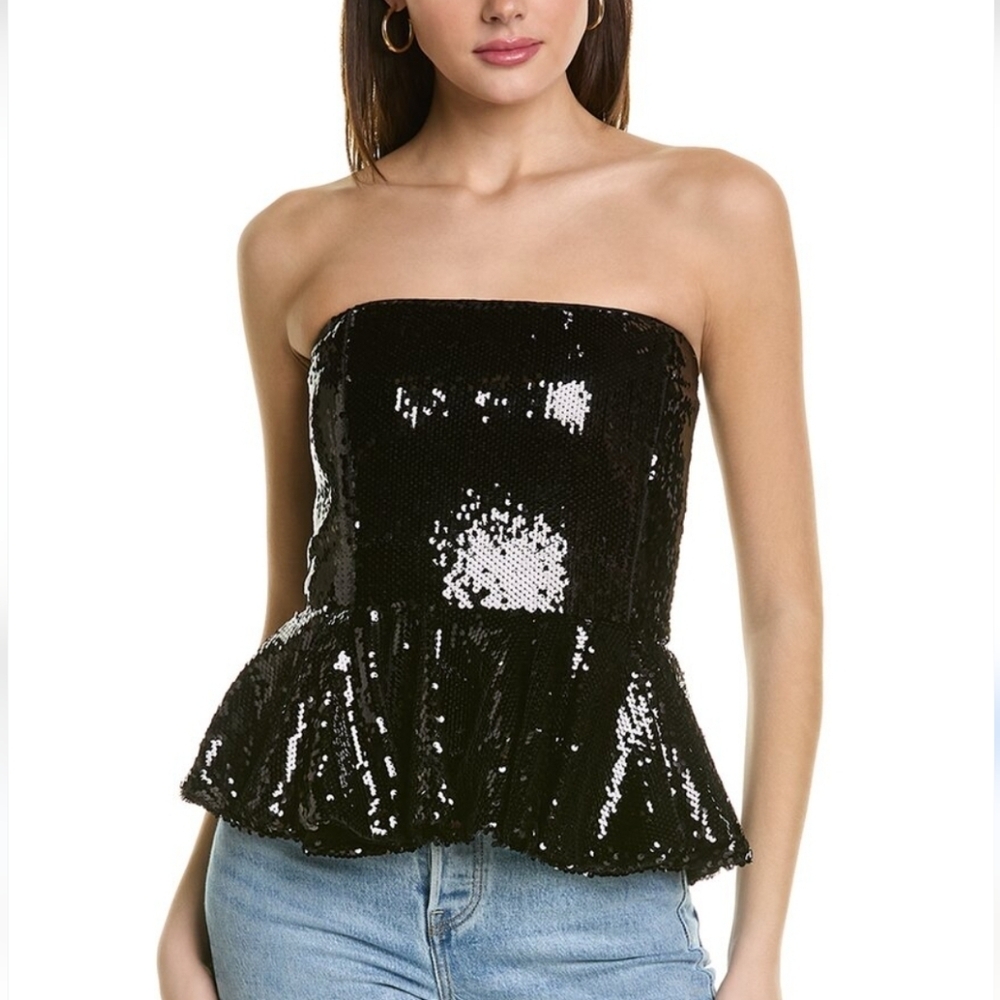 RONNY KOBO Nelli Sequin Strapless Peplum Crop Top in Black